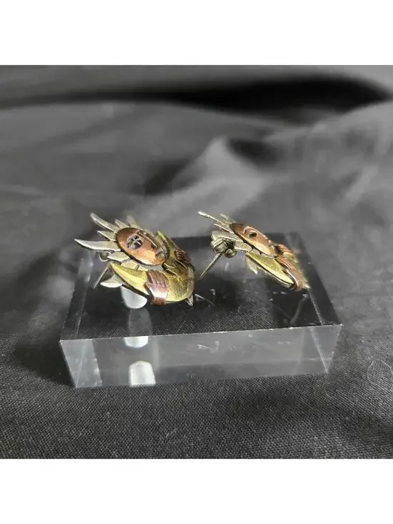 Vintage Taxco Sterling Silver Sun Moon Face Earrings Mixed Metal 925 Copper - Picture 3 of 8